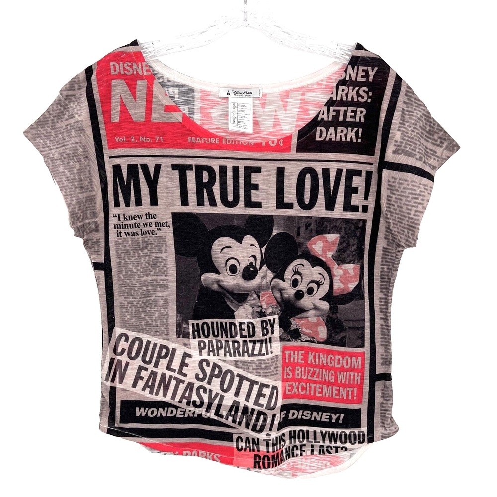 DISNEY PARKS Womens M Mickey Minnie Mouse Newspaper Print Cap-Sleeve T-Shirt Top